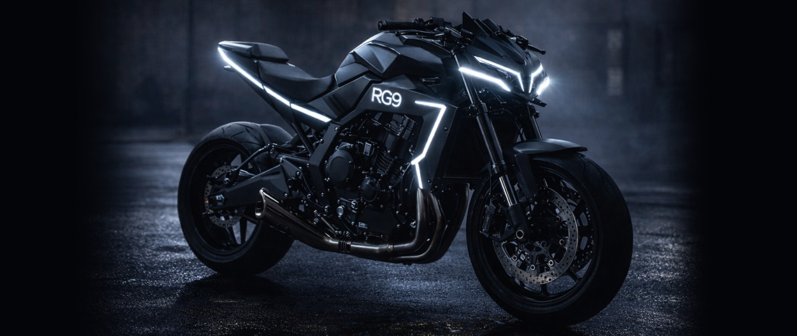 Moto RG9 futuriste RG Motorcycle avec éclairage LED dans environnement sombre, style sportif et innovant
