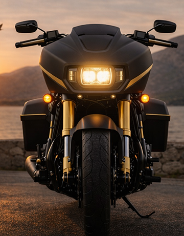 Moto RG Motorcycle Titan vue de face avec éclairage LED, design agressif et technologie avancée
