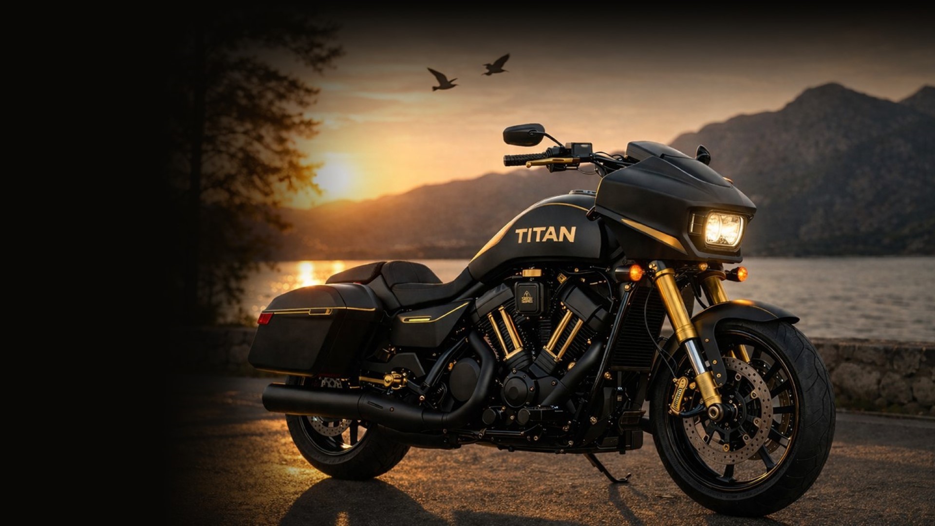Moto RG Motorcycle Titan noire haut de gamme avec phare LED allumé au coucher de soleil, design puissant et moderne